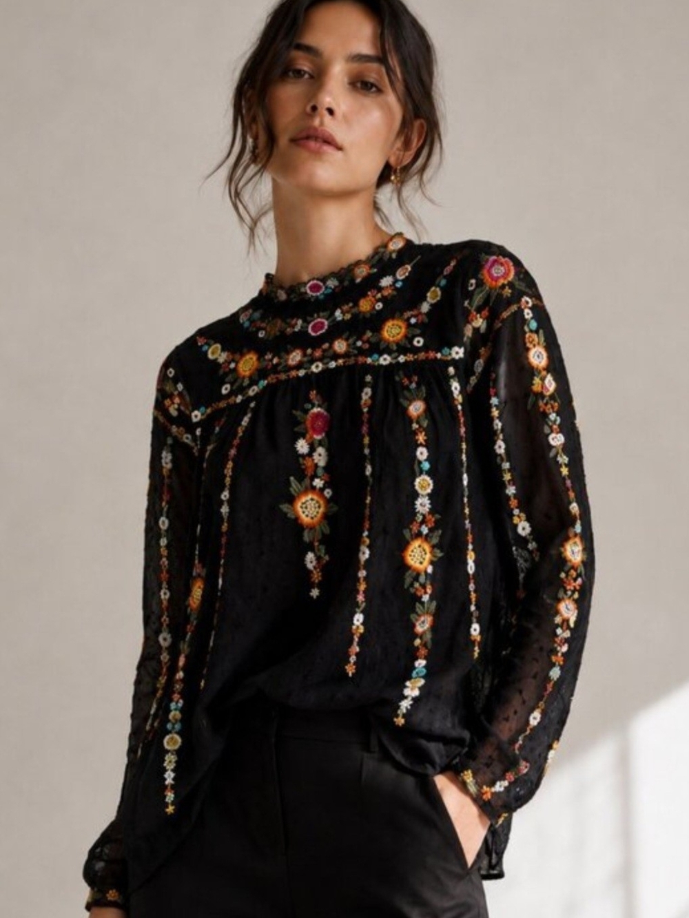 Zara Woman Black Sheer Boho Floral Embroidered Tunic Blouse Size M